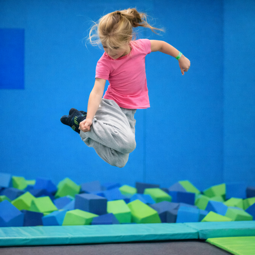 A young girl in a pink shirt and gray sweatpants jumps mid-air above a trampoline at a lively trampoline park, with foam blocks in blue and green colors in the background.
